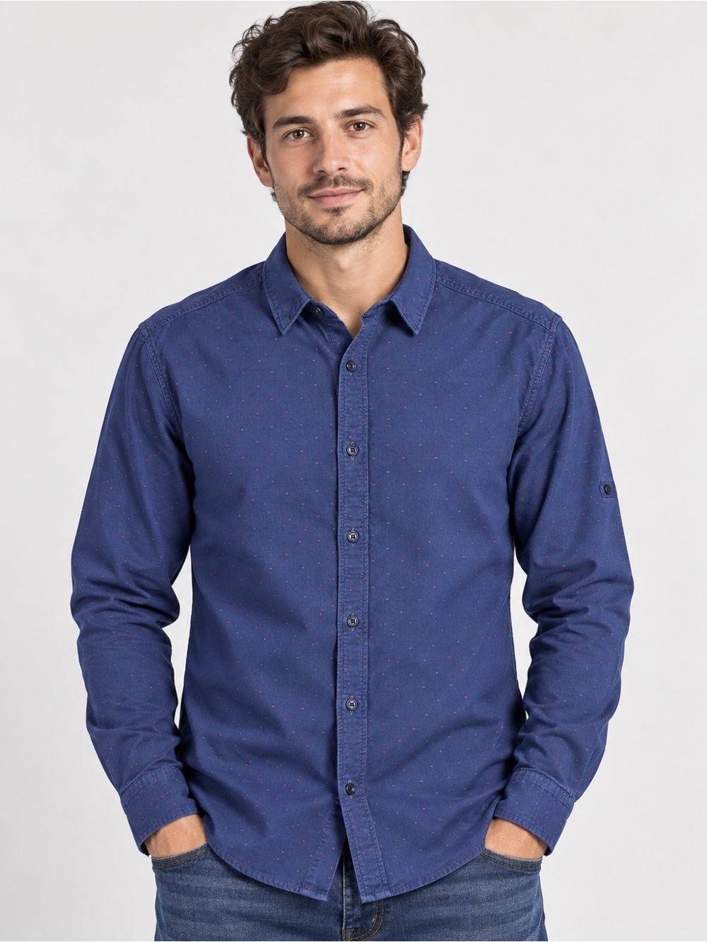 Chevignon Men’s Large Navy Blue Red Dot Long Sleeve Button-Up Shirt 100% Cotton